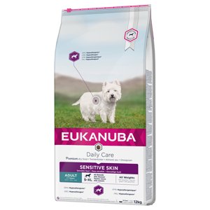 12kg Eukanuba Daily Care Adult Sensitive Skin száraz kutyatáp 10% árengedménnyel