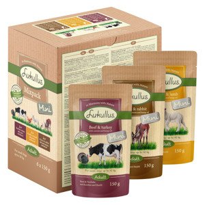6x150g Lukullus Naturkost Mini Mix Adult tasakos nedves kutyatáp vegyes csomagban: Marha & pulyka / vad & nyúl / szárnyas & bárány