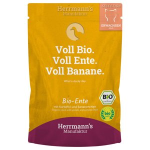 20x100g Herrmann's Selection nedves macskatáp - Bio kacsa bio burgonyával & bio banáncsipsszel