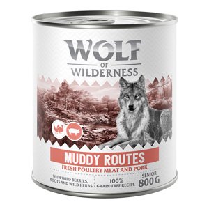 6x800g Wolf of Wilderness Senior nedves kutyatáp - Muddy Routes - Szárnyas disznóval