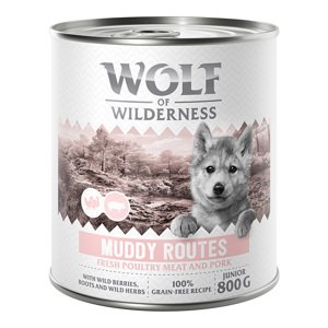 6x800g Wolf of Wilderness Junior “Expedition” nedves kutyatáp - Muddy Routes - Szárnyas sertéssel