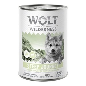 6x400g Wolf of Wilderness Junior “Expedition” nedves kutyatáp - Steep Journey - Szárnyas báránnyal