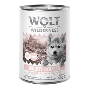 6x400g Wolf of Wilderness Junior “Expedition” nedves kutyatáp - Muddy Routes - Szárnyas csirkével