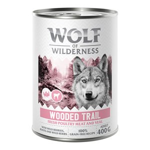 6x400g Wolf of Wilderness Adult "Expedition" - Sok friss szárnyassal nedves kutyatáp - Wooded Trails - Szárnyas borjúval