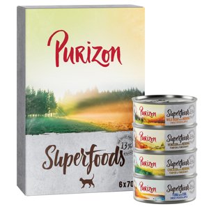 6x70g Purizon Superfoods nedves macskatáp Vegyes csomag (2xcsirke, 2xtonhal, 1xvaddisznó 1xvad)