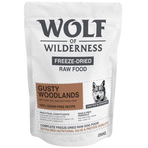 250g Wolf of Wilderness fagyasztva szárított nyers eledel rendkívüli kedvezménnyel! száraz kutyatáp -  ,,Gusty Woodlands" - Marha, tőkehal & pulyka