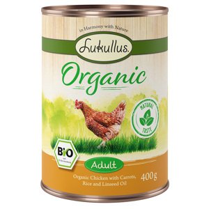 24x400g Lukullus Organic Adult csirke & sárgarépa (gluténmentes) nedves kutyatáp