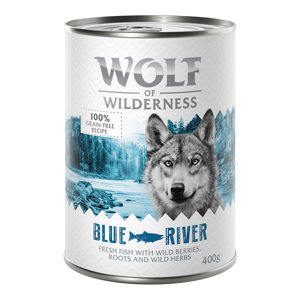 12x400g 10 + 2 ingyen! Wolf of Wilderness nedves kutyatáp- Blue River hal