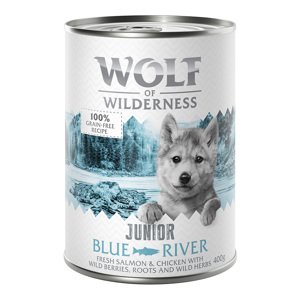 12x400g 10 + 2 ingyen! Wolf of Wilderness nedves kutyatáp- Blue River Junior - csirke & lazac