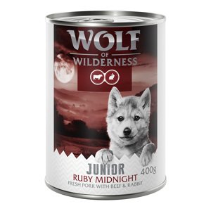 12x400g 10 + 2 ingyen! Wolf of Wilderness nedves kutyatáp- "RED Meat" Junior Ruby Midnight