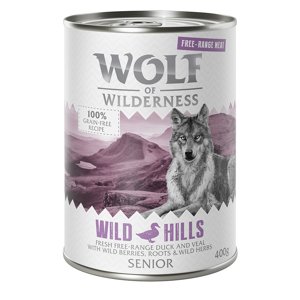 12x400g 10 + 2 ingyen! Wolf of Wilderness nedves kutyatáp- Senior Wild Hills - szabad tartású kacsa & borjú