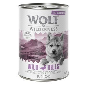 12x400g 10 + 2 ingyen! Wolf of Wilderness nedves kutyatáp- Junior Wild Hills - szabad tartású kacsa & borjú