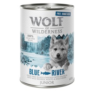 12x400g 10 + 2 ingyen! Wolf of Wilderness nedves kutyatáp- Junior Blue River - szabad tartású csirke & lazac