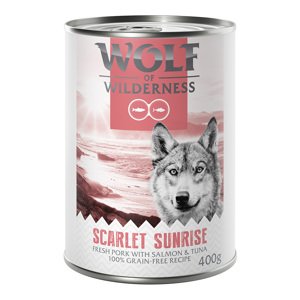 12x400g 10 + 2 ingyen! Wolf of Wilderness nedves kutyatáp- Scarlet Sunrise: Sertéshús, lazac és tonhal
