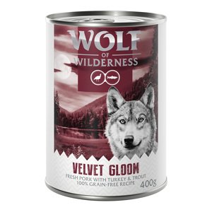 12x400g 10 + 2 ingyen! Wolf of Wilderness nedves kutyatáp- Velvet Gloom: Sertéshús, pulyka és pisztráng
