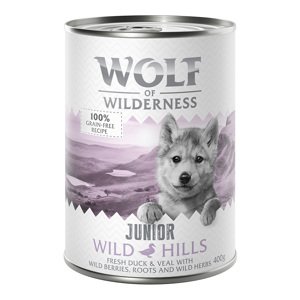 12x400g 10 + 2 ingyen! Wolf of Wilderness nedves kutyatáp- Wild Hills Junior - kacsa & borjú