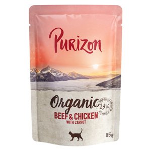 24x85g Purizon Organic marha, csirke & sárgarépa nedves macskatáp 22+2 ingyen akcióban