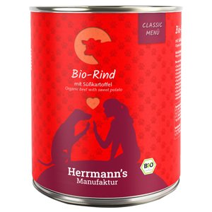 6x800g Herrmann's Classic Bio Menü bio marha & bio édesburgonya nedves kutyatáp