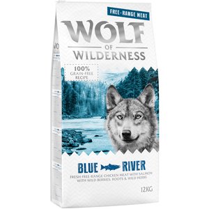 12kg Wolf of Wilderness Adult "Blue River" - szabad tartású csirke & lazac száraz kutyatáp