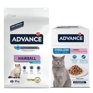 10kg Advance Hairball száraz macskatáp+12x85g Sterilized pulyka nedves macskatáp ingyen