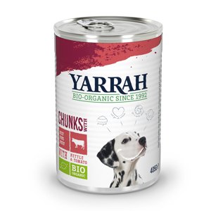 6x405g Yarrah Bio falatkák bio marha, bio csalán & bio paradicsom nedves kutyatáp