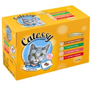 12x100g Catessy falatok aszpikban gabonamentes nedves macskatáp 4 ízzel