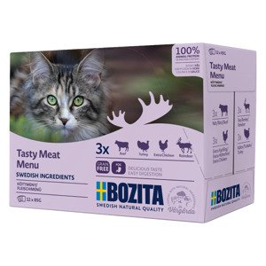 12x85g Bozita falatok szószban, tasakos nedves macskatáp- Vegyes csomag: húsmenü (4 változat)